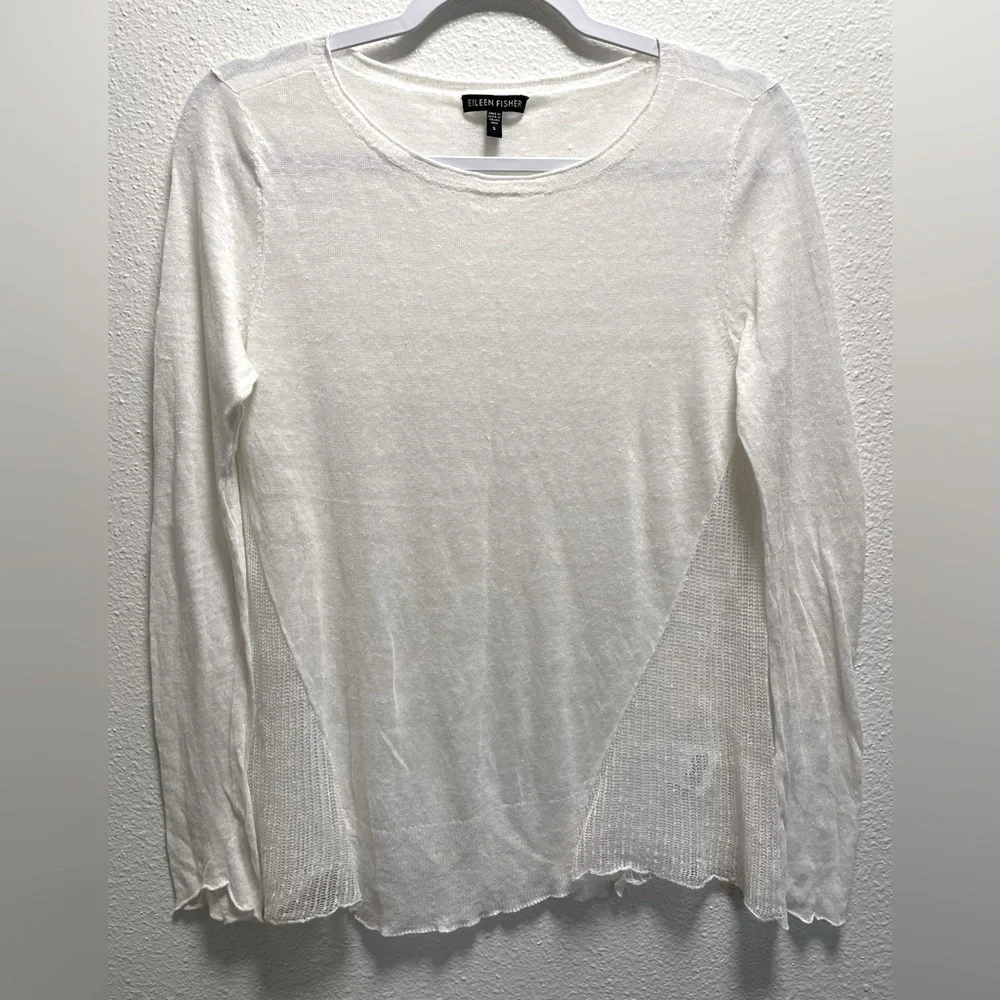 Eileen Fisher Hemp Blend Knit Sheer Long Sleeve Blouse Italian Yarn White Small - Picture 1 of 8